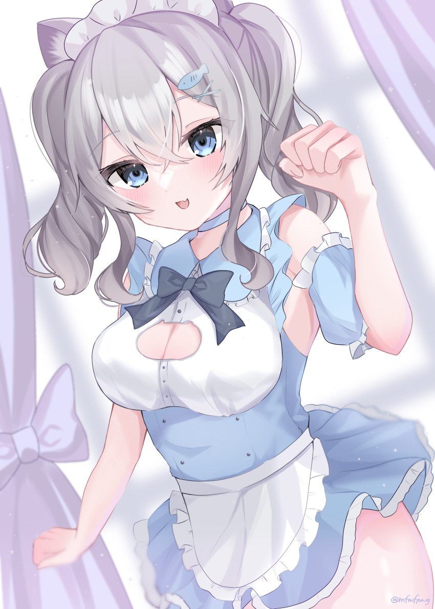 1girl absurdres alternate_costume apron blue_dress blue_eyes breasts cleavage_cutout clothing_cutout detached_sleeves dress enmaided grey_hair hair_ornament hairclip highres kantai_collection kashima_(kancolle) large_breasts maid maid_apron short_dress sidelocks solo twintails waist_apron wavy_hair white_apron x_hair_ornament yoshino_(mfmfpng)