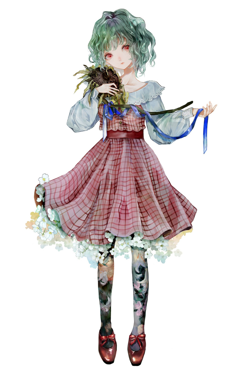 1girl absurdres bangs blue_ribbon buttons commentary dress floral_print flower full_body green_eyes green_hair head_tilt highres holding holding_flower kazami_yuuka long_sleeves looking_at_viewer multicolored_clothes multicolored_legwear pantyhose plaid plaid_dress puffy_long_sleeves puffy_sleeves red_dress red_eyes red_footwear red_sash ribbon sano_naoi sash shirt shoes solo sunflower touhou wavy_hair white_background white_flower white_shirt withered