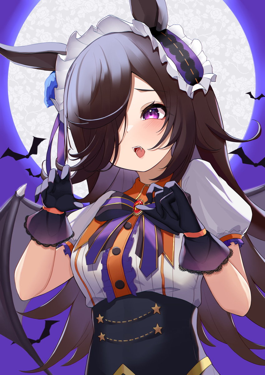 1girl absurdres animal_ears bat bat_wings black_gloves blush bow bowtie breasts brown_hair collared_shirt fangs frilled_hairband frills full_moon gloves hair_over_one_eye hairband hands_up highres horse_ears long_hair moon open_mouth puffy_short_sleeves puffy_sleeves raised_eyebrows rice_shower_(make_up_vampire!)_(umamusume) rice_shower_(umamusume) shirt shirt_tucked_in short_sleeves small_breasts solo tongue umamusume upper_body violet_eyes white_shirt wings xiaoyu_chiaki