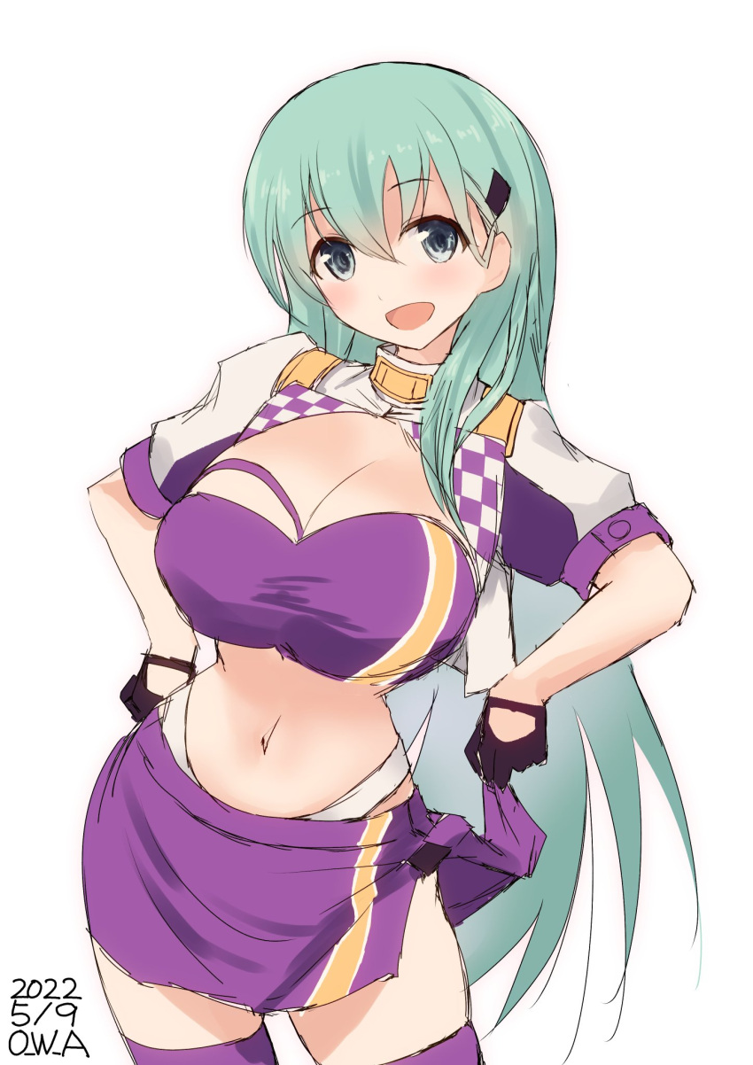 1girl aqua_eyes aqua_hair black_gloves commentary_request cosplay cowboy_shot cropped_jacket dated gloves gotland_(kancolle) gotland_(kancolle)_(cosplay) hair_ornament hairclip highres jacket kantai_collection long_hair looking_at_viewer one-hour_drawing_challenge owa_(ishtail) purple_bandeau purple_legwear purple_skirt racequeen simple_background skirt solo suzuya_(kancolle) thigh-highs twitter_username white_background white_jacket
