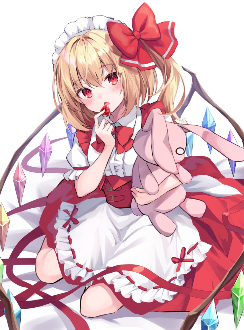 1girl :o alternate_costume apron bangs blonde_hair blush bow bowtie center_frills commentary_request corset crystal enmaided eyebrows_visible_through_hair eyelashes fang flandre_scarlet food frills fruit hair_bow highres kure~pu looking_at_viewer maid maid_apron maid_headdress one_side_up open_mouth puffy_short_sleeves puffy_sleeves red_bow red_bowtie red_corset red_eyes shiny shiny_hair shirt short_sleeves sitting skin_fang solo strawberry stuffed_toy touhou white_shirt wings