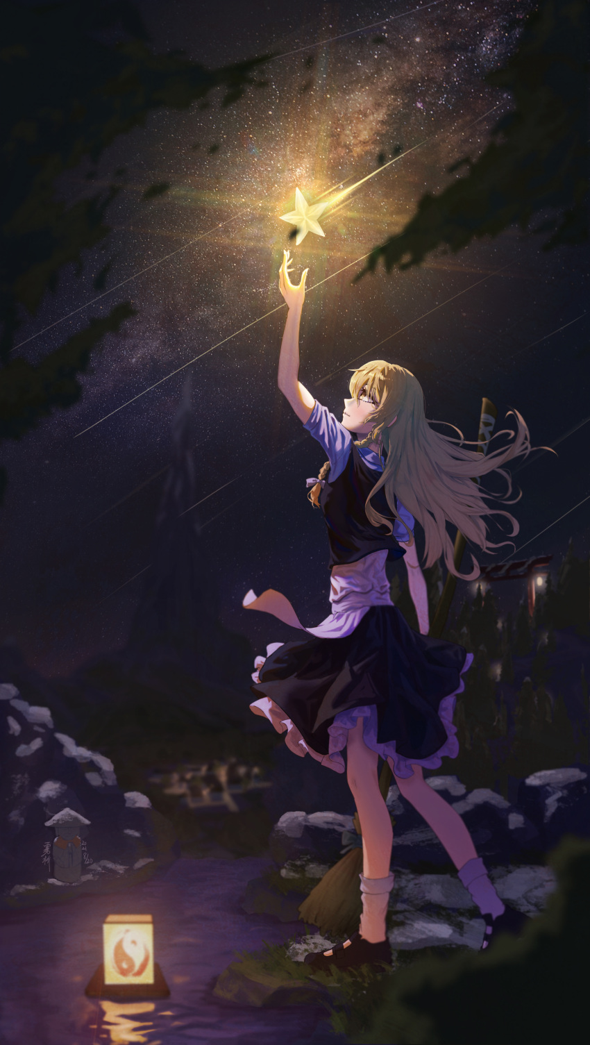 1girl absurdres arm_up blonde_hair broom floating_hair from_side highres holding holding_broom kirisame_marisa long_hair looking_up milky_way night night_sky preissvan river sky smile solo standing star_(sky) star_(symbol) starry_sky touhou water yellow_eyes yin_yang