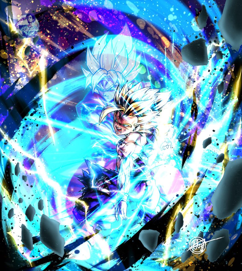 1boy absurdres aura blonde_hair blz_(blz151101) dragon_ball dragon_ball_z english_commentary full_body green_eyes highres kamehameha light_particles male_focus muscular muscular_male open_mouth short_hair signature son_gohan spiky_hair standing super_saiyan