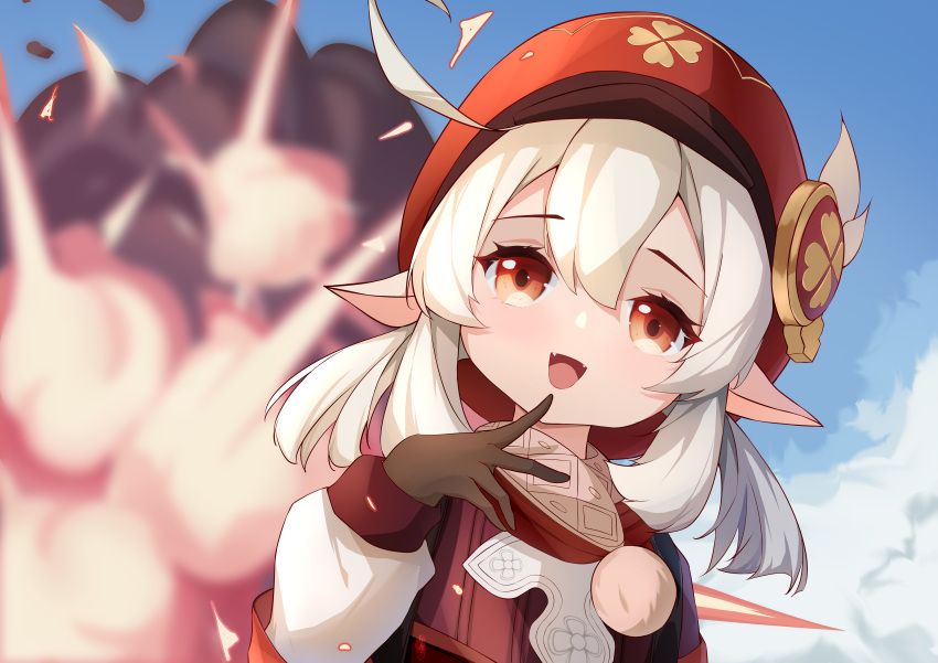 1girl :d absurdres ahoge bangs blue_sky blurry brown_gloves brown_scarf cabbie_hat chunian_and_(user_asmj8822) clouds cloudy_sky clover_print coat commentary_request depth_of_field explosive eyebrows_visible_through_hair genshin_impact gloves grey_hair hair_between_eyes hat hat_feather hat_ornament highres klee_(genshin_impact) long_hair long_sleeves looking_at_viewer low_twintails pointy_ears red_coat red_eyes red_headwear scarf sidelocks sky smile solo twintails