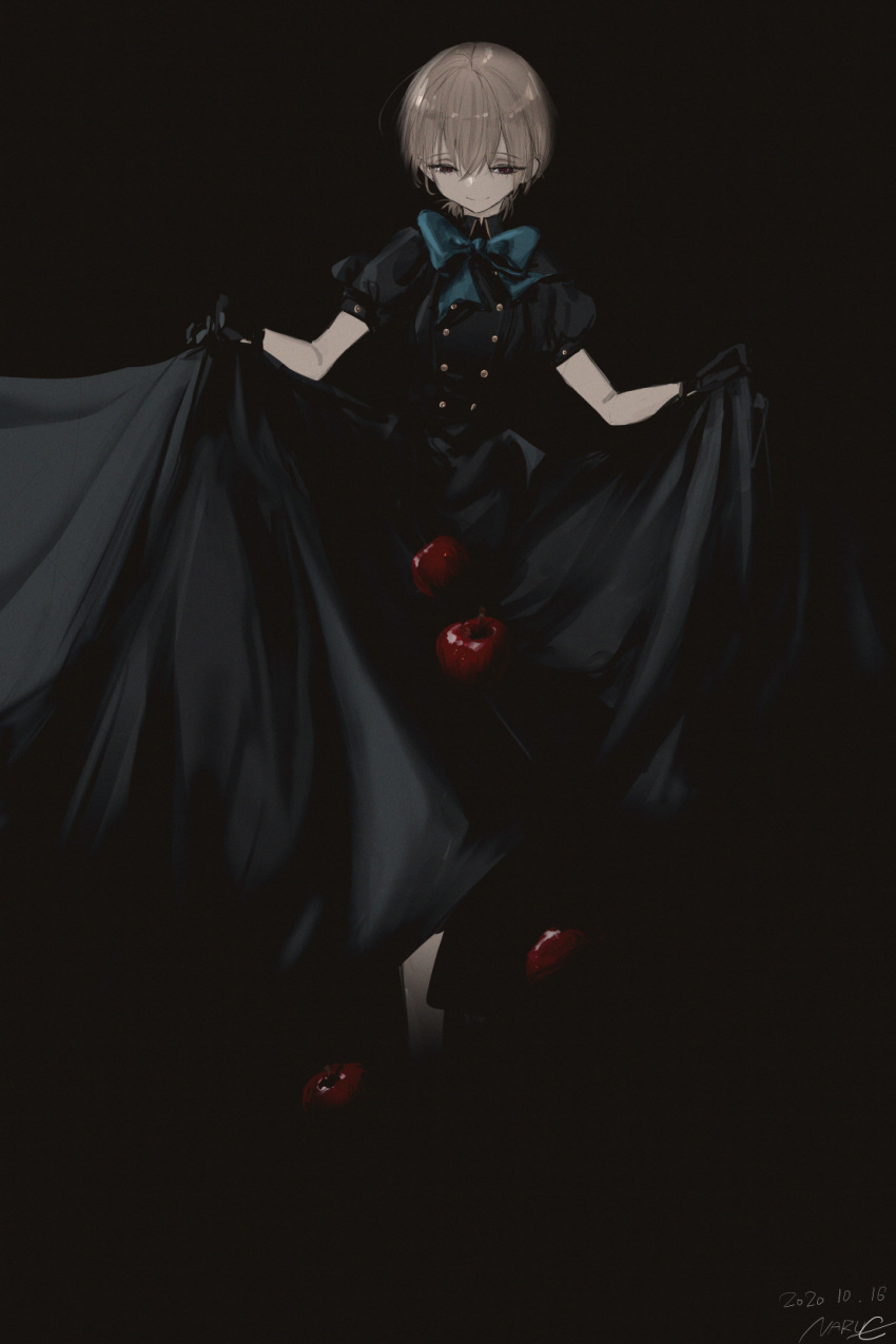 1girl apple black_background black_dress black_gloves blonde_hair blue_bow blue_bowtie bow bowtie buttons collared_dress double-breasted dress food fruit full_body gloves highres long_dress narue original puffy_short_sleeves puffy_sleeves red_eyes short_hair short_sleeves skirt_hold smile solo