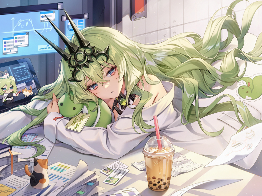 1girl absurdres bare_shoulders blue_eyes bubble_tea commentary computer desk doll_hug green_hair happy_birthday highres honkai_(series) honkai_impact_3rd klein_(honkai_impact) labcoat laptop long_hair looking_at_viewer mobius_(honkai_impact) object_hug off_shoulder slit_pupils solo stuffed_snake tiara tomogy very_long_hair