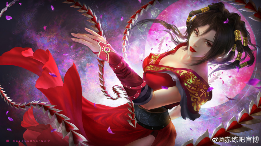 1girl absurdres arm_guards black_hair chi_lian_(qin_shi_ming_yue) chi_lian_qiju_zhu dress expressions highres multicolored_background outstretched_hand petals qin_shi_ming_yue red_dress red_lips solo upper_body whip