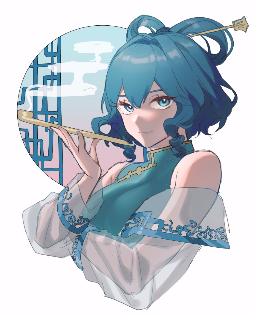 1girl absurdres blue_dress blue_eyes blue_hair china_dress chinese_clothes closed_mouth commentary cropped_legs detached_sleeves dress hair_between_eyes hair_ornament hair_rings hair_stick highres holding holding_smoking_pipe kaku_seiga light_smile looking_at_viewer one-hour_drawing_challenge otone_(otonegmbr) see-through see-through_sleeves short_hair smoke smoking_pipe solo touhou tsurime upper_body