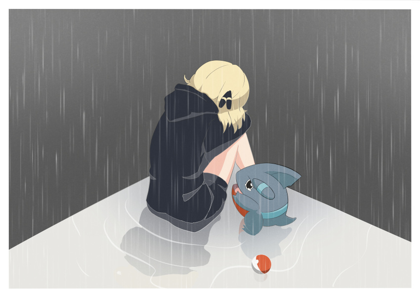 1girl absurdres alternate_hairstyle black_hoodie black_shorts blonde_hair border commentary_request crossed_arms cynthia_(pokemon) from_behind from_side gible grey_background hair_ornament height_difference highres hood hood_down hoodie long_sleeves looking_at_another pokemon pokemon_(game) pokemon_dppt rain reflection sad short_hair shorts simple_background sitting talking tearing_up white_border younger yuusemi