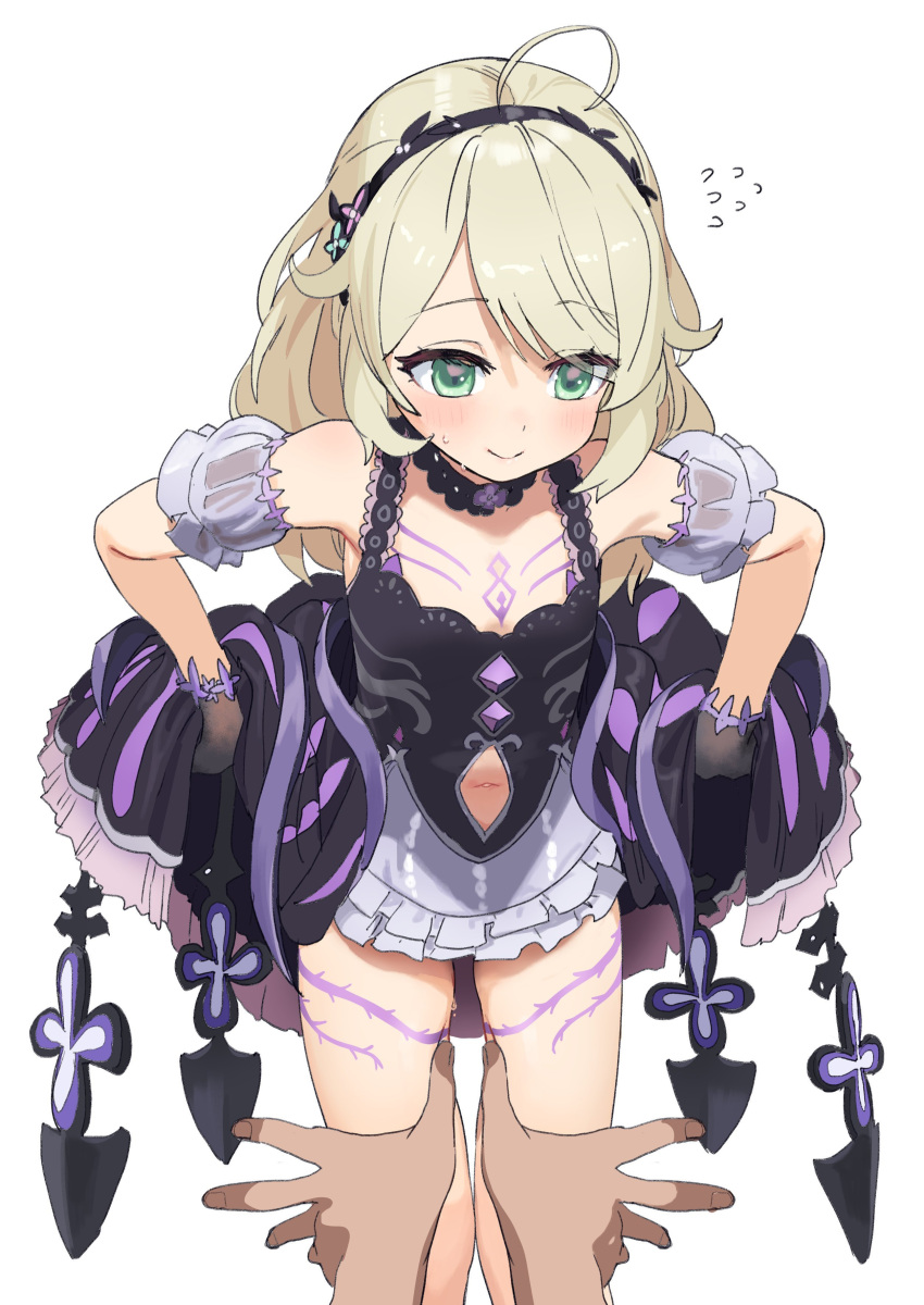 1boy 1girl absurdres ahoge bare_shoulders black_dress black_gloves blonde_hair bodypaint clothes_lift clothing_cutout detached_sleeves dorontabi dress dress_lift feet_out_of_frame flat_chest flying_sweatdrops gloves hairband highres idolmaster idolmaster_cinderella_girls lifted_by_self light_smile looking_down navel_cutout pov pov_hands revision sleeveless sleeveless_dress spreading yusa_kozue
