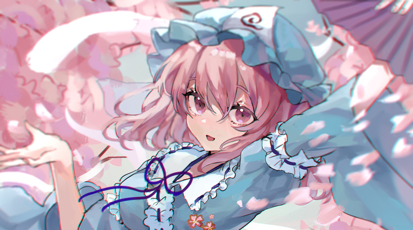 1girl arm_up blue_headwear cherry_blossoms cropped hand_fan hat highres holding japanese_clothes kani_nyan kimono leaf looking_at_viewer open_mouth pink_eyes pink_hair saigyouji_yuyuko smile solo touhou