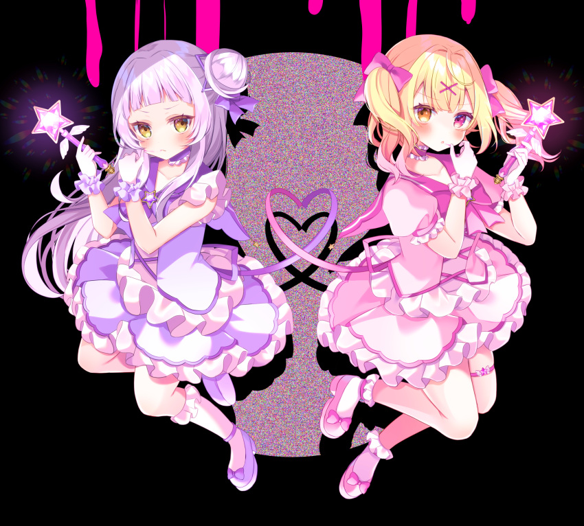 2girls bangs black_background blonde_hair blush bow brooch collarbone commentary_request eyebrows_visible_through_hair frilled_gloves frills full_body gloves hair_bow hair_bun hair_ornament heart highres holding holding_wand hololive hoshikawa_sara jewelry kakyoxx long_hair looking_at_viewer magical_girl mahou_shoujo_to_chokorewito_(vocaloid) multiple_girls murasaki_shion nijisanji orange_eyes pink_bow purple_bow purple_hair red_eyes star_brooch thigh_strap virtual_youtuber wand x_hair_ornament yellow_eyes