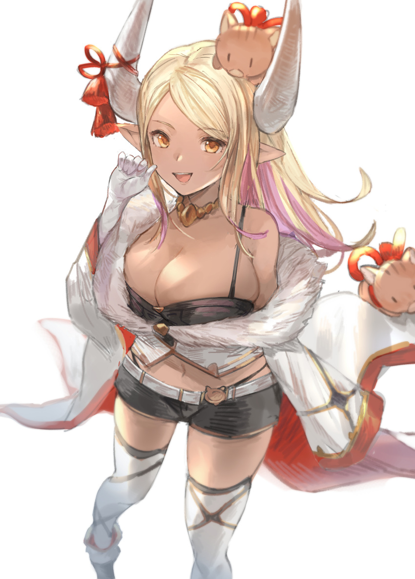 1girl :d absurdres artist_request bangs belt black_panties black_shorts blonde_hair camisole colored_inner_hair dark-skinned_female dark_skin draph elbow_gloves fur-trimmed_jacket fur_trim gloves granblue_fantasy highres horn_ornament horn_ribbon horns jacket jacket_pull jewelry kumbhira_(granblue_fantasy) midriff multicolored_hair navel necklace orange_eyes panties parted_bangs pig pink_hair pointy_ears ribbon short_shorts shorts simple_background smile solo_focus thigh-highs underwear white_background white_belt white_gloves white_legwear