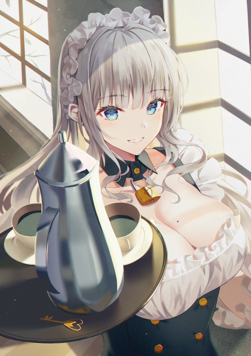 1girl absurdres bangs blue_eyes blush breasts cup eyebrows_visible_through_hair frills grey_hair highres hyonee indoors long_hair looking_at_viewer maid maid_headdress mole mole_on_breast original parted_lips smile sunlight teacup tray upper_body white_headwear window