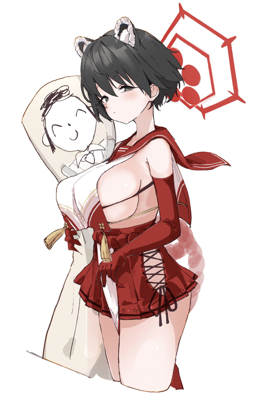 1girl absurdres animal_ears black_hair blue_archive body_pillow breasts crop_top crop_top_overhang elbow_gloves gloves halo highres large_breasts looking_at_viewer ocha_(popopogg) pillow raccoon_ears red_gloves red_sailor_collar red_skirt sailor_collar short_hair sideboob sideless_outfit skindentation skirt solo tabard tareme tsubaki_(blue_archive)
