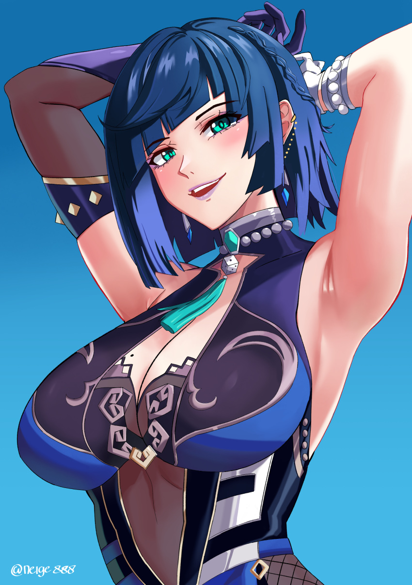 1girl absurdres armpits arms_up bangs black_gloves blue_background blue_dress blue_hair bob_cut braid breasts diagonal_bangs dice dress earrings elbow_gloves eyebrows_visible_through_hair genshin_impact gloves green_eyes highres jewelry large_breasts looking_at_viewer mole mole_on_breast neck_tassel neige_(pixiv6850453) open_mouth short_hair single_elbow_glove sleeveless sleeveless_dress smile solo twitter_username upper_body white_gloves yelan_(genshin_impact)