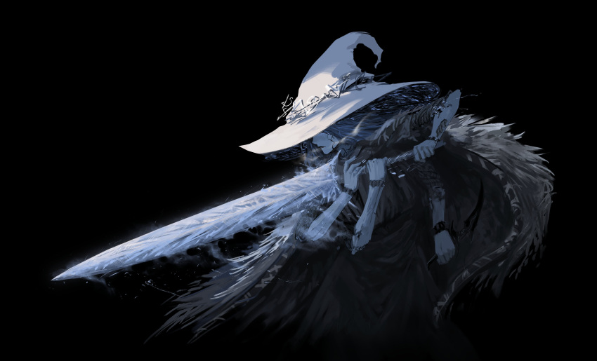 1girl absurdres billowypillow black_background blue_skin cape cloak colored_skin elden_ring extra_arms fur_cape fur_cloak hat hat_ornament highres holding holding_sword holding_weapon large_hat moonlight_greatsword ranni_the_witch robe sword weapon witch witch_hat