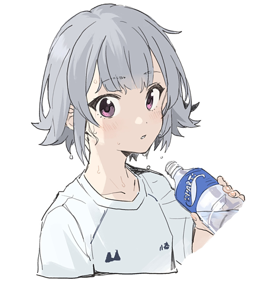 1girl bottle cevio commentary cropped_torso grey_hair highres holding holding_bottle koharu_rikka looking_at_viewer parted_lips shirt short_hair simple_background sketch solo sweat synthesizer_v teshima_nari upper_body violet_eyes white_background white_shirt