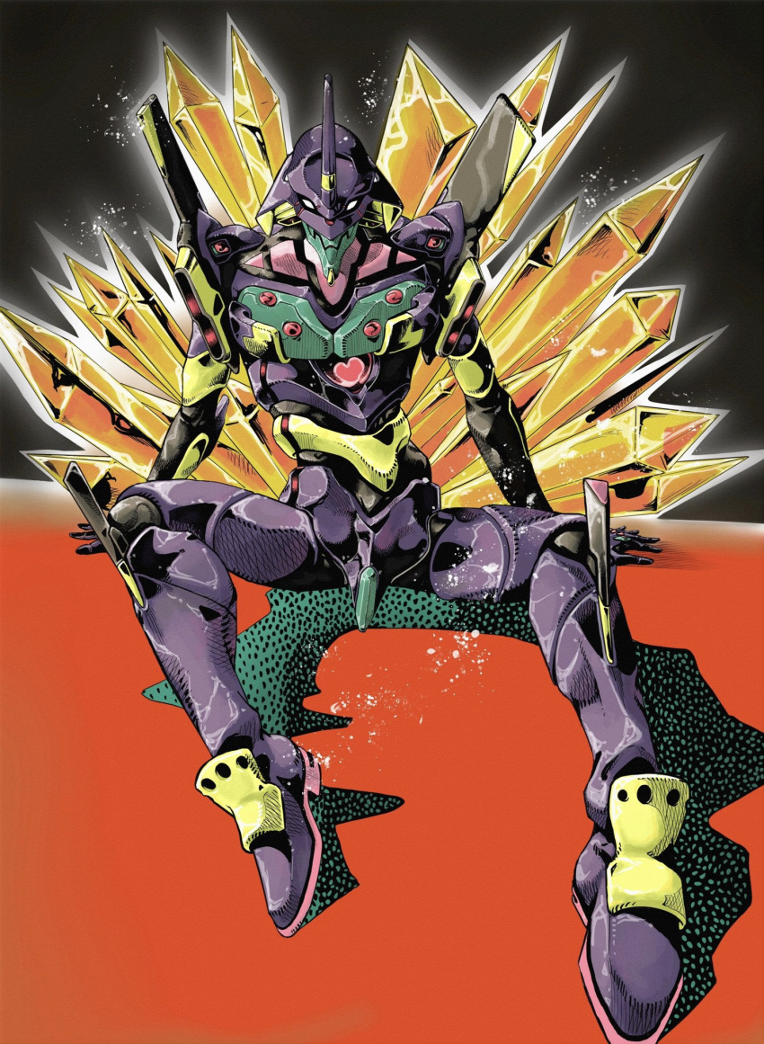 araki_hirohiko_(style) ark_nemesis colorful commentary english_commentary eva_01 full_body gem heart highres horns jojo_no_kimyou_na_bouken looking_at_viewer mecha neon_genesis_evangelion no_humans shadow single_horn sitting tagme