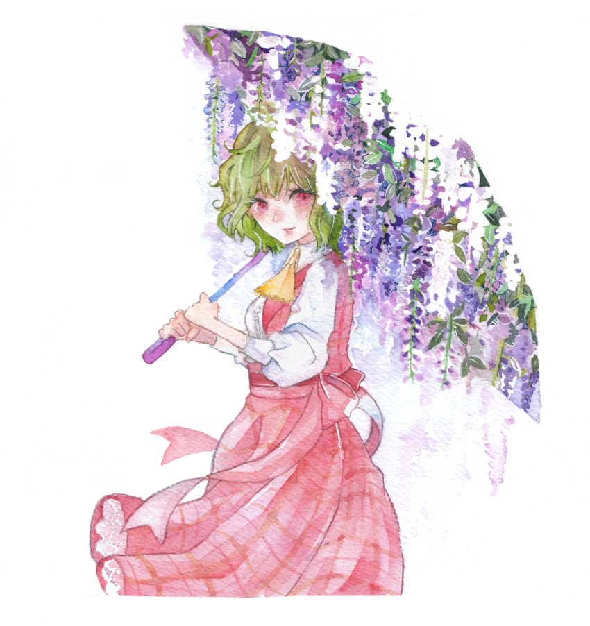 1girl absurdres ascot bangs bow collared_shirt commentary_request flower green_hair highres holding holding_umbrella kazami_yuuka lipstick looking_at_viewer makeup open_clothes open_vest plaid plaid_skirt plaid_vest puffy_sleeves red_bow red_eyes sano_naoi shirt short_hair skirt smile solo touhou traditional_media umbrella vest waist_bow white_background white_shirt yellow_ascot