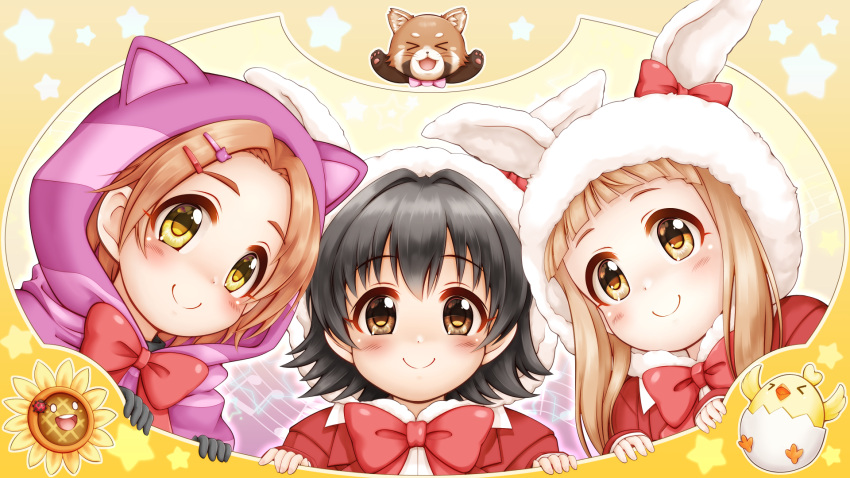 3girls akagi_miria animal animal_ears animal_hood bangs beamed_eighth_notes black_gloves black_hair blush bow brown_background brown_eyes brown_hair cat_ears cat_hair_ornament closed_mouth commentary_request ear_bow eyebrows_visible_through_hair fake_animal_ears forehead gloves hair_between_eyes hair_ornament hairclip highres hood hood_up ichihara_nina idolmaster idolmaster_cinderella_girls jacket long_sleeves looking_at_viewer multiple_girls musical_note open_clothes open_jacket rabbit_ears raccoon red_bow red_jacket regular_mow ryuzaki_kaoru sleeves_past_wrists smile starry_background thick_eyebrows upper_body