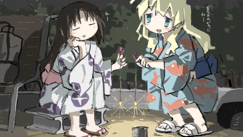 2girls bag bench black_hair blonde_hair blue_eyes chito_(shoujo_shuumatsu_ryokou) closed_eyes fireworks highres holding japanese_clothes long_hair looking_at_another multiple_girls open_mouth outdoors sandals shoujo_shuumatsu_ryokou sitting sparkler translation_request tsukumizu_yuu yuuri_(shoujo_shuumatsu_ryokou)