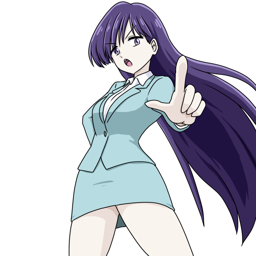 1girl blue_jacket blue_skirt breasts business_suit commentary dodo_(yad-ddi) eyebrows_visible_through_hair formal hand_on_hip highres jacket large_breasts long_hair looking_at_viewer office_lady open_mouth pointing pointing_at_viewer purple_hair shirt simple_background skirt solo suit very_long_hair violet_eyes white_background white_shirt yamada_tae zombie_land_saga zombie_land_saga_gaiden