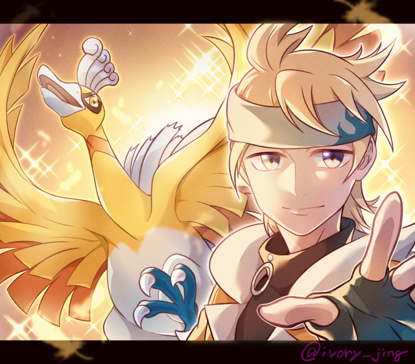 1boy alternate_color bird black_gloves blonde_hair closed_mouth commentary_request fingerless_gloves gloves grey_headband headband highres ho-oh ivory_(25680nico) jacket letterboxed male_focus morty_(pokemon) official_alternate_costume pokemon pokemon_(creature) pokemon_(game) pokemon_masters_ex shiny_pokemon short_hair smile sparkle