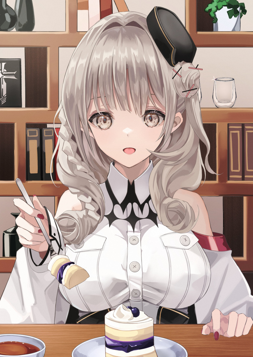 1girl absurdres azur_lane bare_shoulders black_headwear book bookshelf breast_pocket breasts cake coffee coffee_cup cup detached_sleeves disposable_cup drill_locks food fork glass grey_eyes grey_hair hat highres holding holding_fork indoors iron_blood_(emblem) long_hair looking_at_food lutzow_(azur_lane) mini_hat nail_polish open_mouth pocket red_nails shirt sitting soar_sora222 solo upper_body white_shirt wide_sleeves