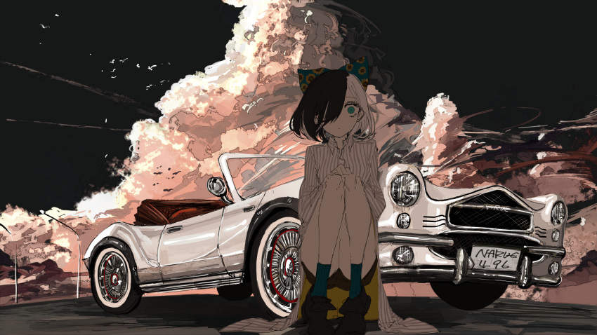 1girl black_hair blue_bow blue_legwear bow brown_shorts car closed_mouth clouds collared_shirt cumulonimbus_cloud flock green_eyes ground_vehicle hair_bow hair_over_shoulder highres legs_together long_shirt long_sleeves looking_at_viewer motor_vehicle multicolored_hair narue one_eye_covered original outdoors shirt short_shorts shorts signature socks solo squatting striped striped_shirt two-tone_hair wide-eyed wing_collar
