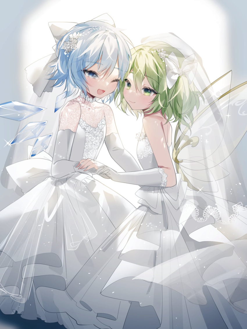 2girls ;d alternate_costume bangs bare_shoulders blue_eyes blue_hair blush bouquet bow bridal_gauntlets choker cirno daiyousei dress elbow_gloves flower gloves green_eyes green_hair hair_between_eyes hair_bow highres holding_hands ice ice_wings multiple_girls one_eye_closed open_mouth short_hair smile sorani_(kaeru0768) strapless touhou veil wedding_dress white_bow white_choker white_dress wings