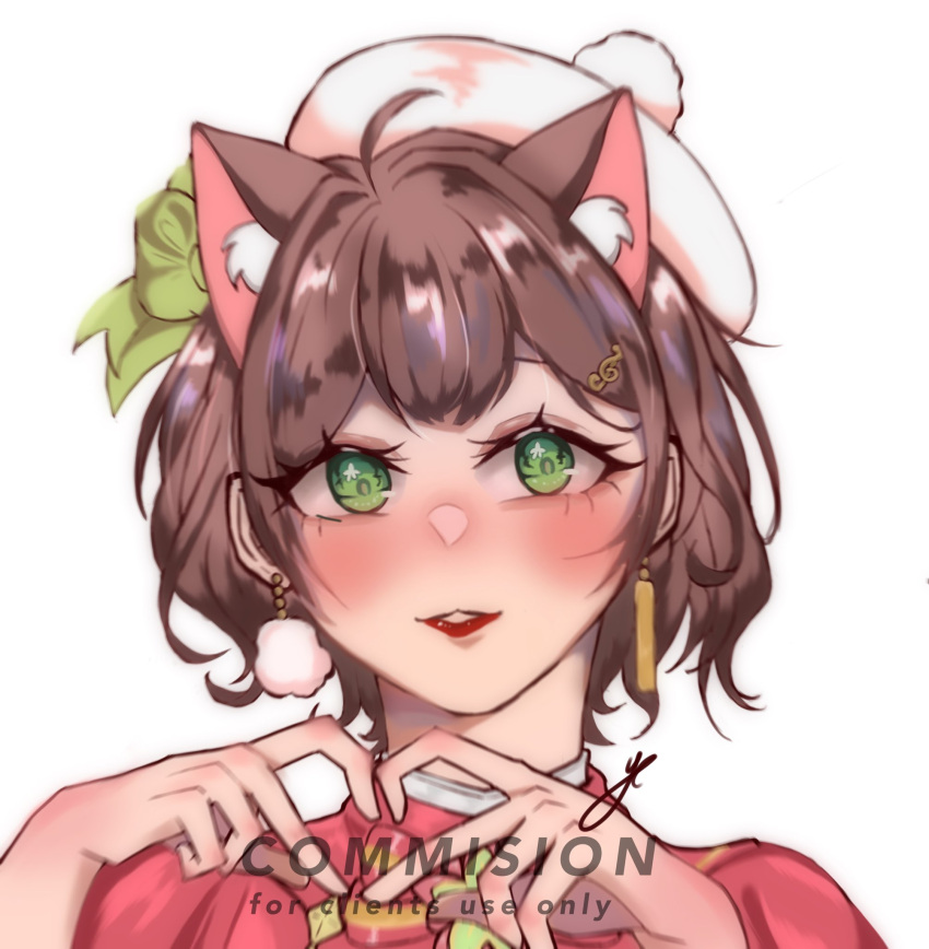 1girl animal_ear_fluff animal_ears beret blush bow brown_hair cat_ears commission earrings english_commentary english_text green_bow green_eyes hair_behind_ear hair_bow hat heart heart_hands highres jewelry kemonomimi_mode looking_up miori_celesta parted_lips portrait red_shirt shirt solo tsunderia virtual_youtuber white_headwear yomiha