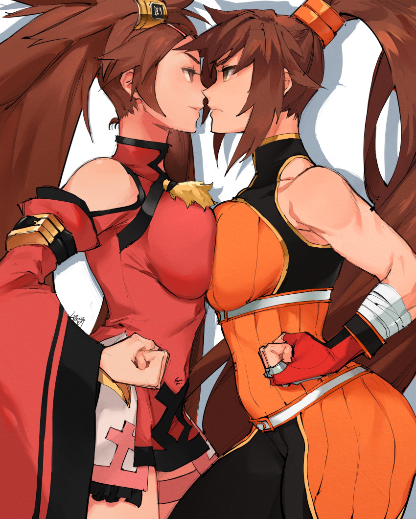 2girls absurdres arm_strap arm_wrap big_hair black_bodysuit bodysuit breast_contest breast_press breasts brown_eyes brown_hair china_dress chinese_clothes clenched_hands clothing_cutout confrontation crossover derivative_work detached_sleeves dnf_duel dress dungeon_and_fighter english_commentary face-to-face fighter_(dungeon_and_fighter) fingerless_gloves gloves guilty_gear hair_rings hair_tubes highres kenshin187 kuradoberi_jam large_breasts long_hair multiple_girls noses_touching orange_bodysuit red_dress red_gloves red_sleeves ribbed_bodysuit short_dress shoulder_cutout sleeveless striker_(dungeon_and_fighter) symmetrical_docking toned trait_connection very_long_hair white_background wide_sleeves