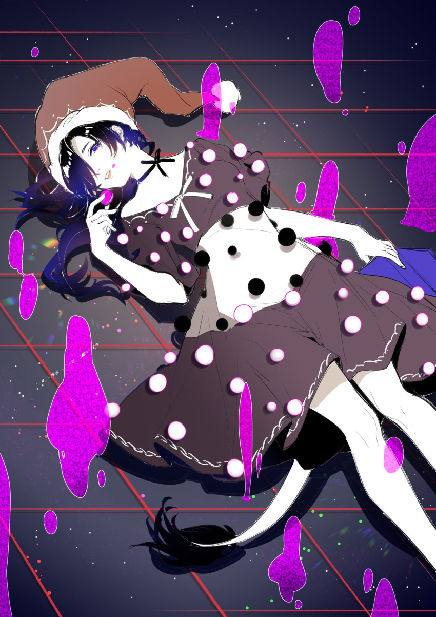 1girl black_dress black_ribbon blue_eyes blue_hair book commentary doremy_sweet dream_soul dress feet_out_of_frame food food_on_face from_above hair_over_one_eye hat highres holding holding_book holding_food kagari6496 lips long_hair looking_at_viewer lying macaron multicolored_clothes multicolored_dress neck_ribbon nightcap on_back open_book parted_lips pom_pom_(clothes) red_headwear ribbon solo tail tapir_tail touhou white_dress white_ribbon