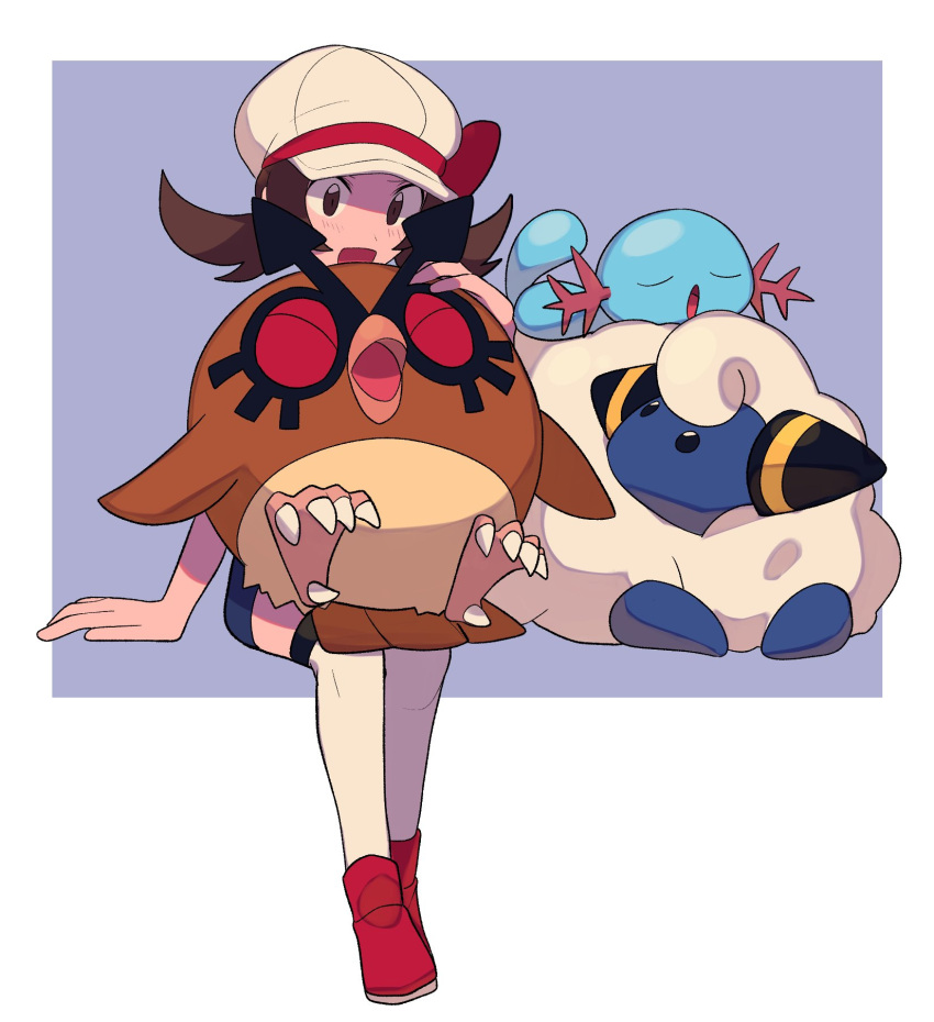 1girl :d arm_support blush border bow brown_eyes brown_hair cabbie_hat grey_background hat hat_bow highres hoothoot invisible_chair long_hair lyra_(pokemon) mareep open_mouth pokemon pokemon_(creature) pokemon_(game) pokemon_hgss red_bow red_footwear shoes sitting smile thigh-highs twintails tyako_089 white_border white_headwear white_legwear wooper