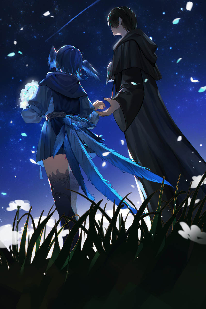 1boy 1girl absurdres bird_girl bird_legs bird_tail black_capelet black_hair black_robe blue_capelet blue_dress blue_hair capelet dress facing_away falling_petals feathered_wings final_fantasy final_fantasy_xiv flower from_behind from_below glowing_flower grass head_wings hermes_(ff14) highres holding holding_flower hood hood_down hooded_capelet imminent_hand_holding mask mask_removed meteion night night_sky outdoors petals short_hair sky sleepyaow standing star_(sky) starry_sky tail white_flower wings