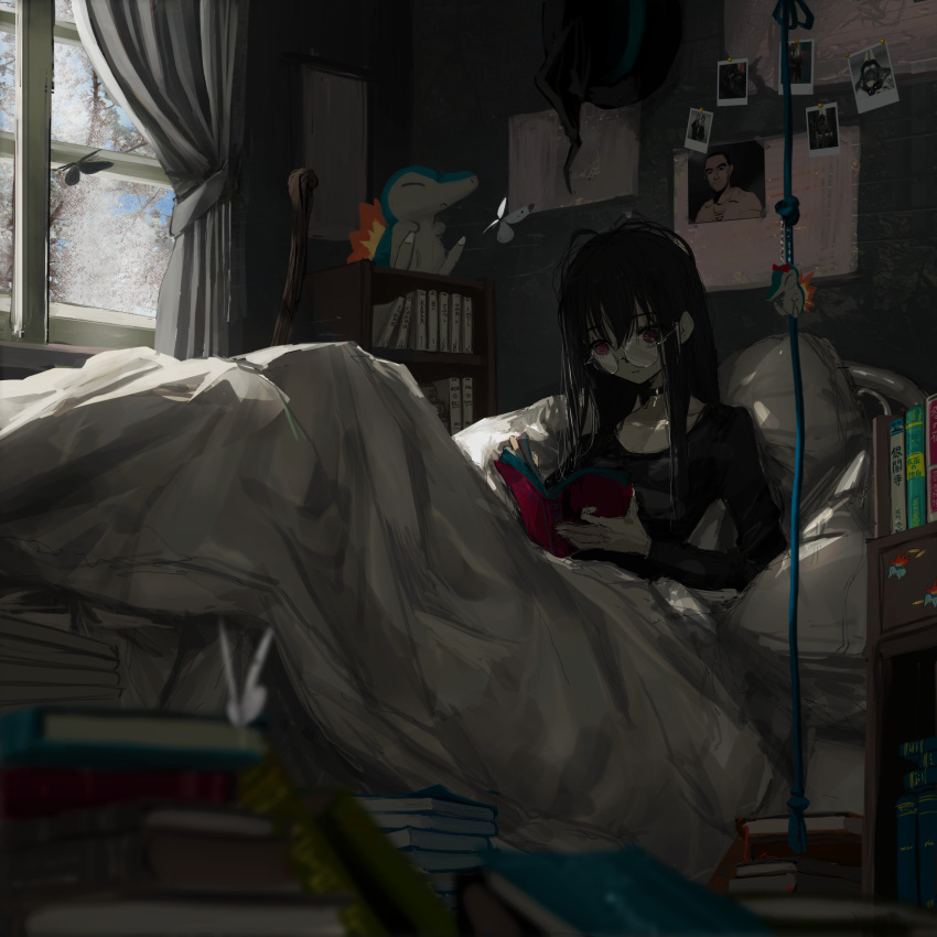 1girl bed bed_frame black_hair black_shirt book book_stack bug butterfly closed_mouth cyndaquil dark glasses hat hat_removed headwear_removed highres holding holding_book indoors long_hair long_sleeves messy_hair messy_room narue on_bed original photo_(object) pillow pokemon reading round_eyewear shirt sitting solo white_butterfly wide-eyed window witch_hat