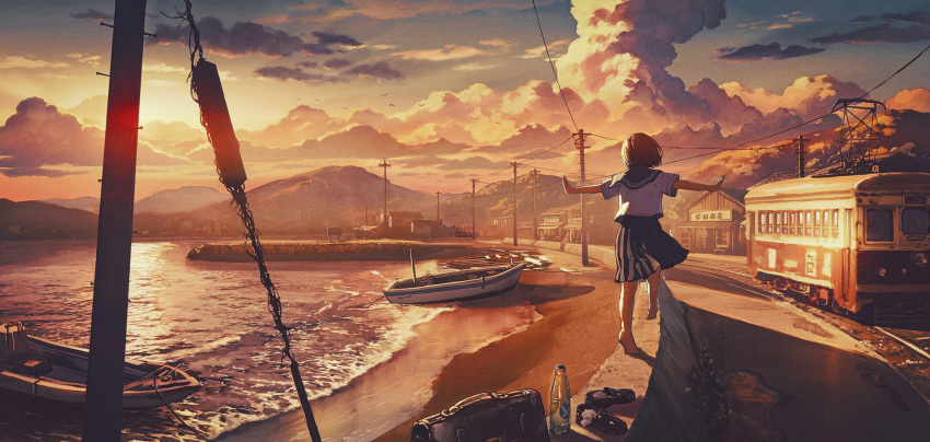 1girl bag balancing barefoot beach black_footwear blue_sailor_collar blue_skirt boat bottle building clouds commentary_request evening from_behind ground_vehicle highres house landscape mountain mountainous_horizon ocean original pleated_skirt power_lines railroad_tracks road sailor_collar scenery school_bag school_uniform serafuku shirt shoes shoes_removed short_sleeves skirt sky socks_removed solo sugi87 sunset train utility_pole vanishing_point water_bottle watercraft white_legwear white_shirt