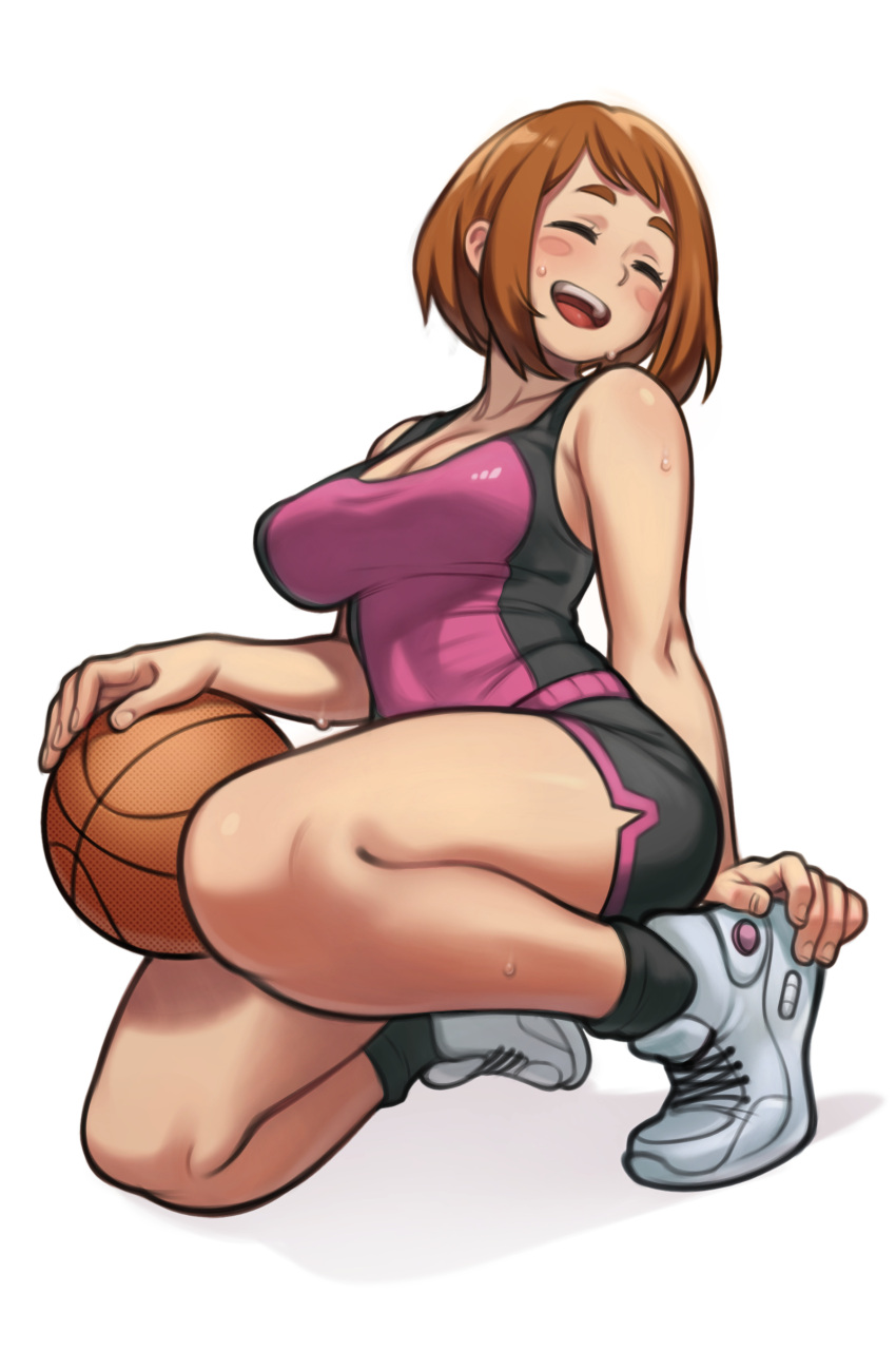 1girl absurdres basketball blush_stickers boku_no_hero_academia breasts brown_hair closed_eyes full_body gym_uniform highres large_breasts lentiyay open_mouth round_teeth shirt shoes short_hair simple_background smile sneakers solo sweat tank_top teeth uraraka_ochako white_background