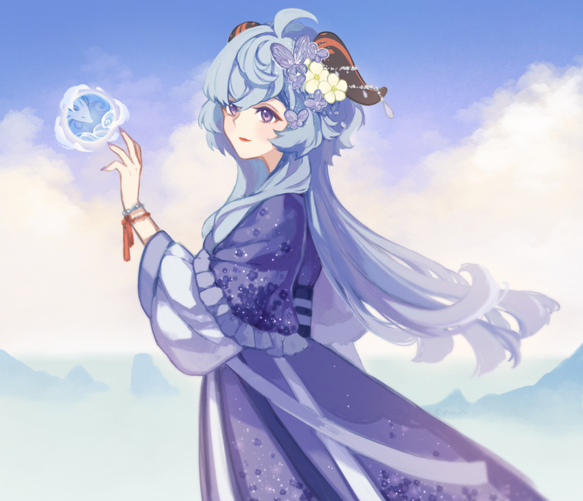 1girl absurdres ahoge bangs blue_hair blush bug butterfly chinese_clothes clouds cloudy_sky flower ganyu_(genshin_impact) genshin_impact hair_flower hair_ornament hanfu highres horns light_smile long_hair looking_at_viewer low_ponytail orb parted_lips qilin_(mythology) qingxin_flower ria_(yfvv_ria) robe sidelocks sky solo violet_eyes white_flower
