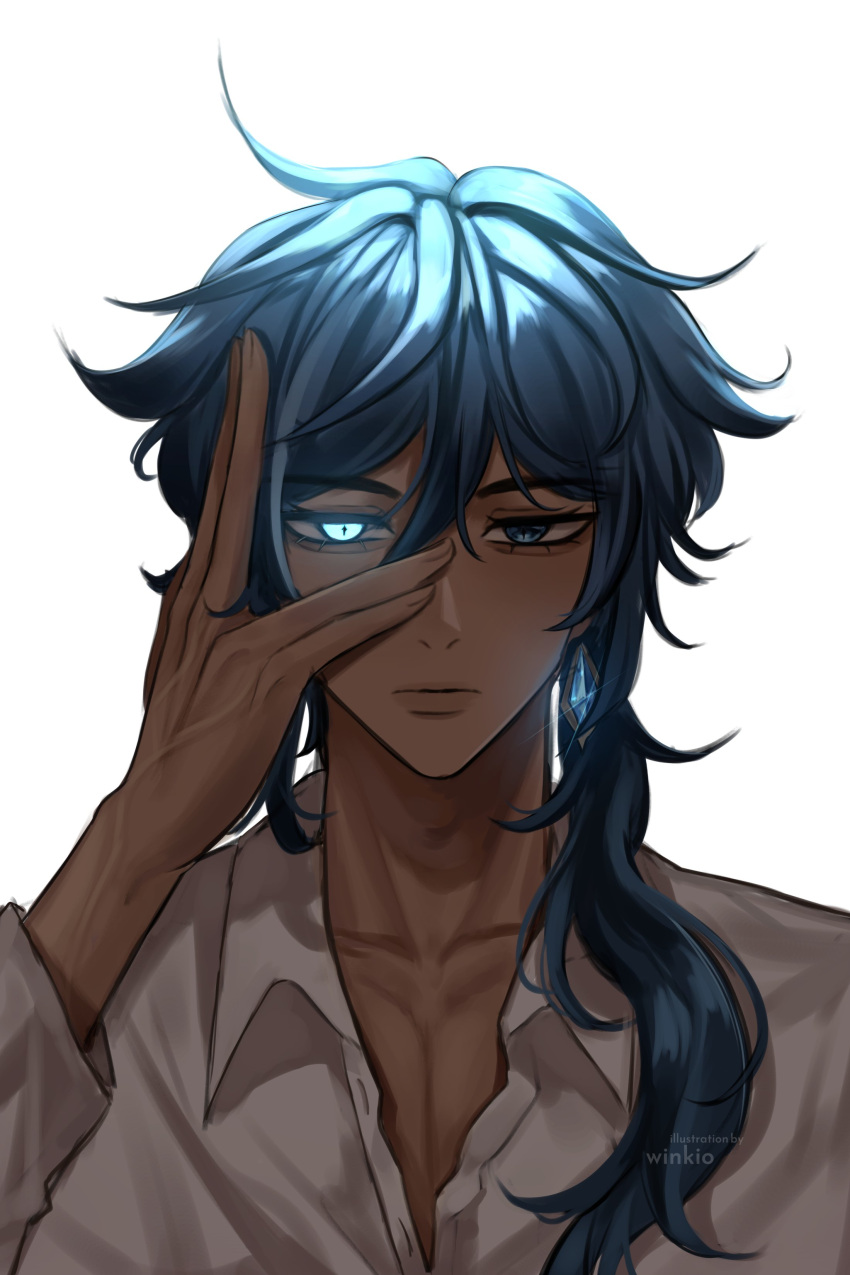 1boy absurdres blue_eyes blue_hair collared_shirt dark-skinned_male dark_skin earrings english_commentary expressionless eyebrows_visible_through_hair genshin_impact glint glowing glowing_eye hand_on_own_face highres jewelry kaeya_(genshin_impact) male_focus partially_unbuttoned ponytail portrait shirt single_earring solo veins veiny_hands white_background white_shirt winkio