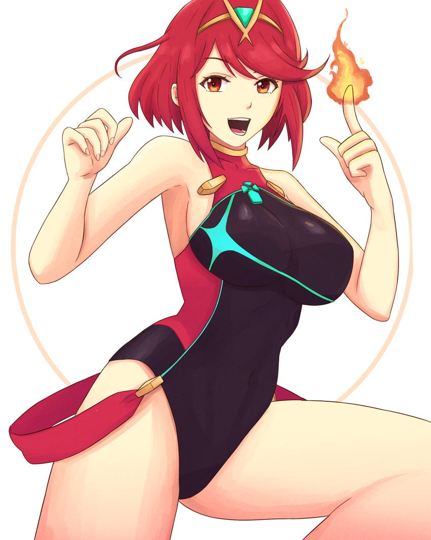 1girl :d absurdres bangs black_swimsuit bob_cut breasts fingernails fire highres looking_at_viewer medium_hair one-piece_swimsuit open_mouth pyra_(pro_swimmer)_(xenoblade) pyra_(xenoblade) red_eyes redhead smile solo swimsuit tiara truejekart white_background xenoblade_chronicles_(series) xenoblade_chronicles_2
