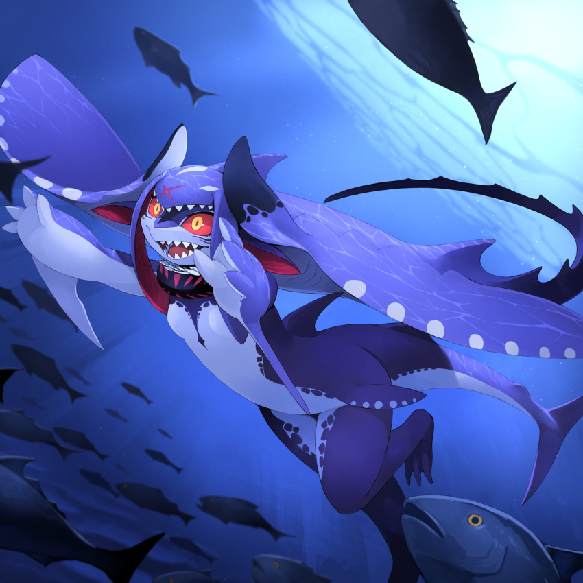 1girl blue_background blue_skin claws colored_sclera colored_skin dorsal_fin facial_mark fins fish fish_tail full_body gills head_fins highres kamukamu6392 looking_away manta_ray_girl monster_girl multicolored_skin original outstretched_arms pointy_ears red_sclera scar_on_head shark_girl shark_tail sharp_teeth slit_pupils solo swimming tail tail_fin teeth underwater white_skin yellow_eyes