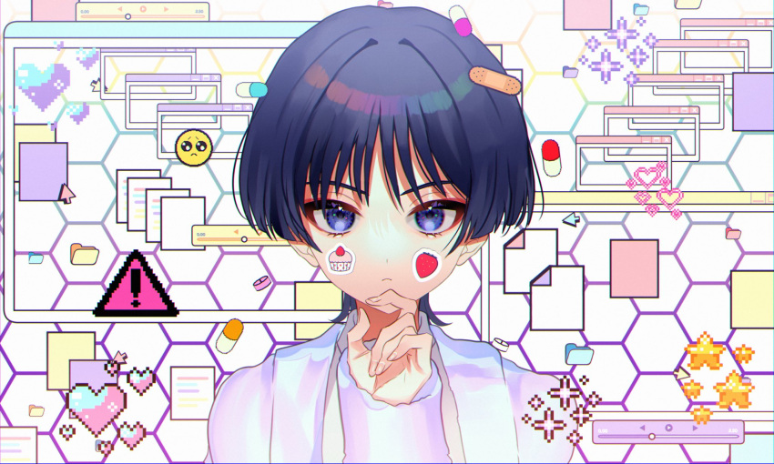 1boy blackchild_owl blue_eyes closed_mouth clothes genshin_impact highres jacket long_sleeves male_focus purple_hair scaramouche_(genshin_impact) short_hair simple_background sticker sticker_on_face thick_eyebrows