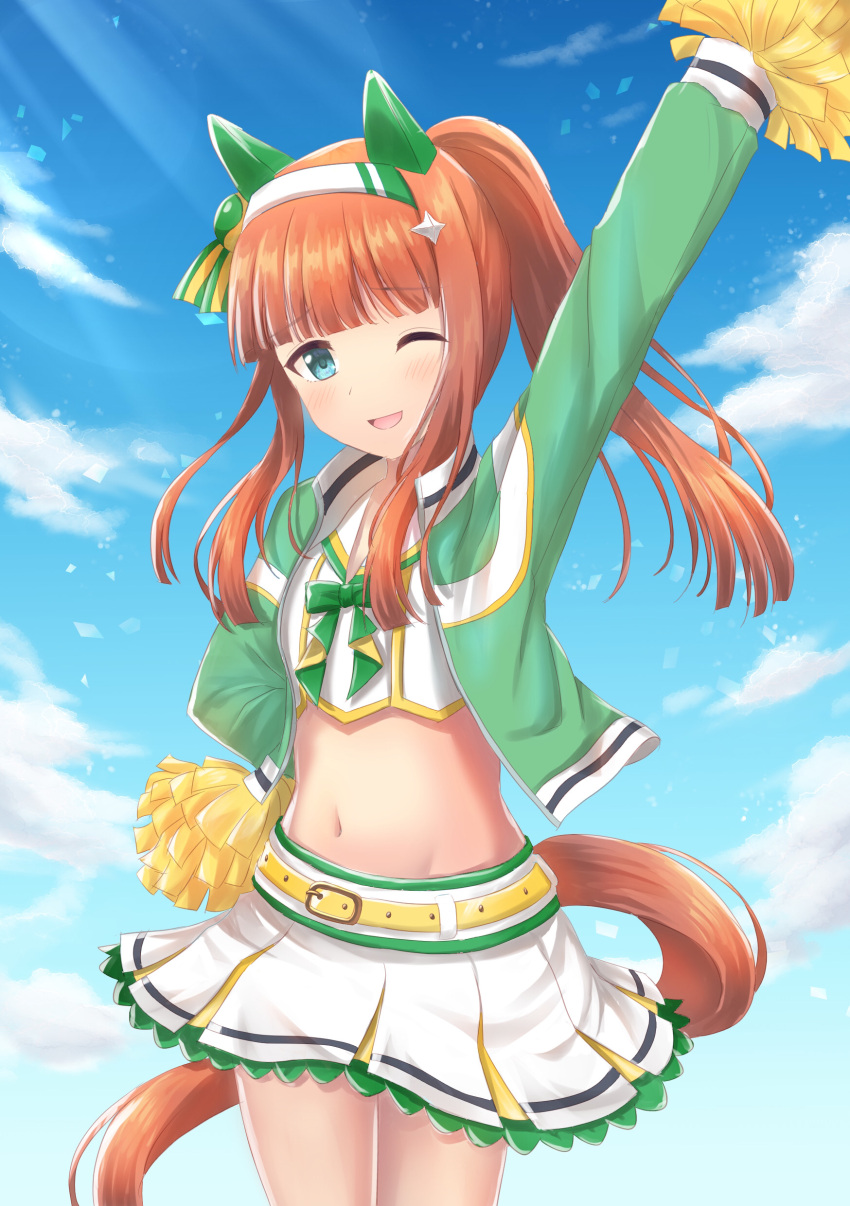 1girl absurdres animal_ears bangs blush cheerleader ear_covers eyebrows_visible_through_hair flat_chest green_eyes hairband highres hime_cut holding holding_pom_poms horse_ears horse_girl horse_tail long_hair looking_at_viewer midriff miniskirt navel one_eye_closed open_mouth orange_hair pleated_skirt pom_pom_(cheerleading) sakurakkuma silence_suzuka_(umamusume) skirt smile solo tail umamusume