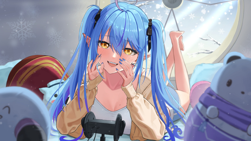 1girl :d absurdres ahoge bangom_r bangs bare_legs barefoot black_ribbon blue_hair blue_nails blue_shorts blush breasts brown_jacket daifuku_(yukihana_lamy) dolphin_shorts elf full_body hair_between_eyes hair_ribbon heart heart_ahoge highres hololive jacket long_hair long_sleeves looking_at_viewer lying microphone mole mole_on_breast multicolored_hair nail_polish on_stomach open_clothes open_jacket pointy_ears purple_hair ribbon shirt shorts sidelocks smile snowflakes solo streaked_hair teeth the_pose twintails upper_teeth virtual_youtuber white_shirt yellow_eyes yukihana_lamy yukimin_(yukihana_lamy)