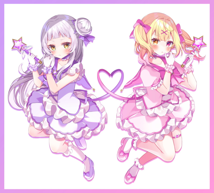 2girls absurdres bangs blonde_hair blush border bow brooch collarbone commentary_request eyebrows_visible_through_hair frilled_gloves frills full_body gloves gradient_border hair_bow hair_bun hair_ornament heart highres holding holding_wand hololive hoshikawa_sara jewelry kakyoxx long_hair looking_at_viewer magical_girl mahou_shoujo_to_chokorewito_(vocaloid) multiple_girls murasaki_shion nijisanji orange_eyes pink_border pink_bow purple_border purple_bow purple_hair red_eyes star_brooch thigh_strap virtual_youtuber wand white_background x_hair_ornament yellow_eyes
