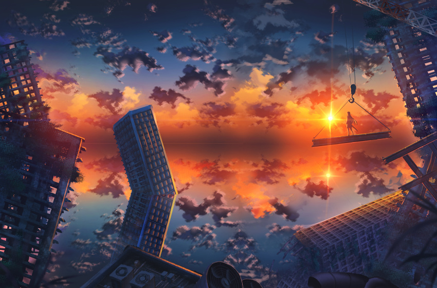 1girl absurdres air_conditioner building city cityscape clouds cloudy_sky commentary_request crane_(machine) from_behind full_body highres kenzo_093 long_hair original ruins scenery sheath sheathed sky skyscraper standing sun sunset sword tagme weapon