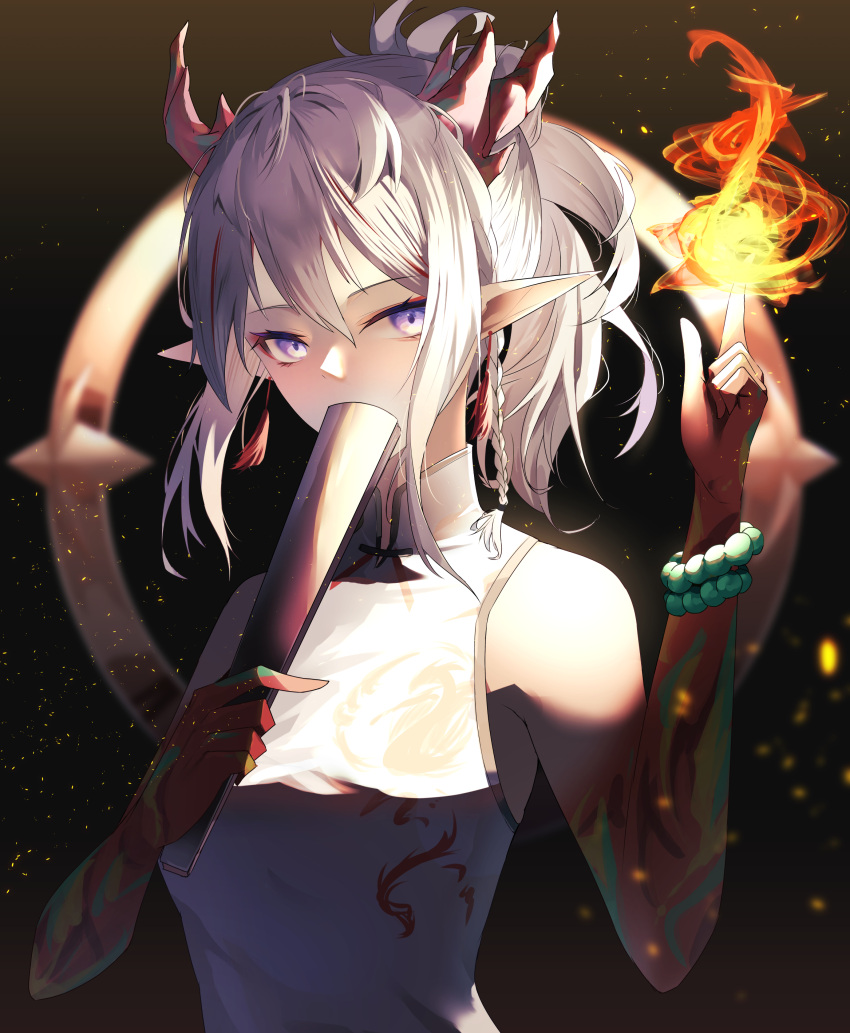 1girl absurdres arknights braid china_dress chinese_clothes colored_skin covering_mouth dark_background dragon_girl dragon_horns dragon_print dress earrings embers fire flame folding_fan hand_fan hand_up highres holding holding_fan horns jewelry kanaya604 long_hair nian_(arknights) nian_(unfettered_freedom)_(arknights) pointy_ears ponytail side_braid sleeveless sleeveless_dress solo tassel tassel_earrings upper_body violet_eyes white_dress white_hair