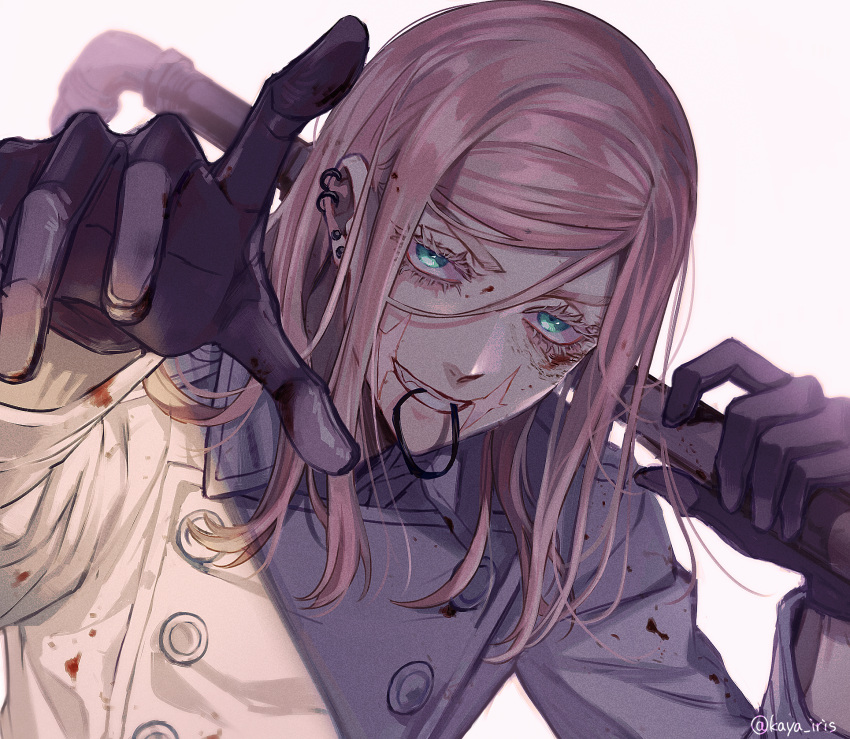 1boy bangs black_gloves blood blood_on_clothes blood_on_face blue_eyes earrings gloves hair_tie_in_mouth hand_up highres holding holding_weapon jacket jewelry kaya_lily lead_pipe long_hair male_focus mouth_hold over_shoulder pink_hair reaching_out sanzu_haruchiyo simple_background solo teeth_hold tokyo_revengers upper_body weapon white_background white_jacket